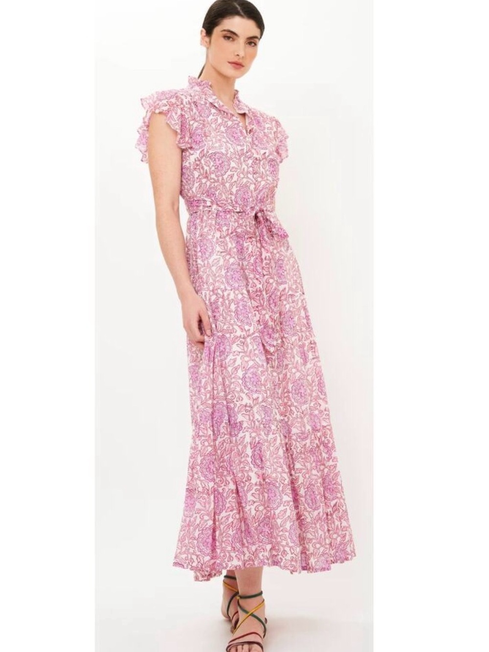 NWT Oliphant Malta Pink Floral Ruffle Collar Button Maxi Dress XXS